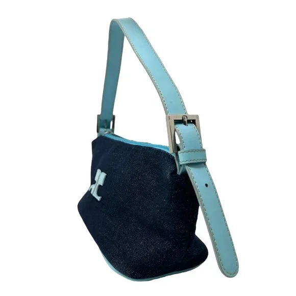 Courreges Vintage Logo Shoulder Bag Denim Blue Silver Cotton Rank AB [103972]